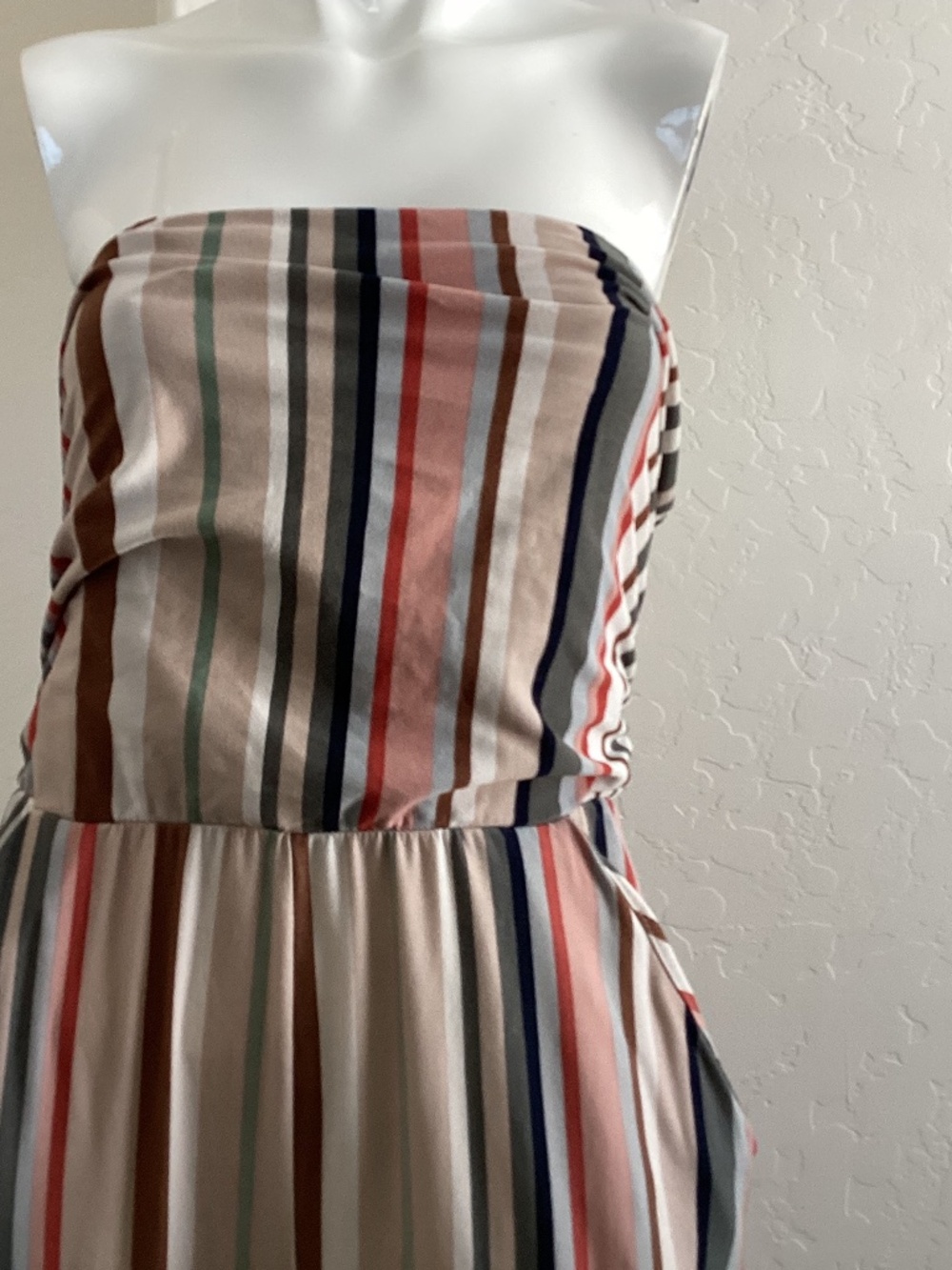Strapless jumpsuit, no brand, great cond., multi colored stripes, ptp 16”- 21”